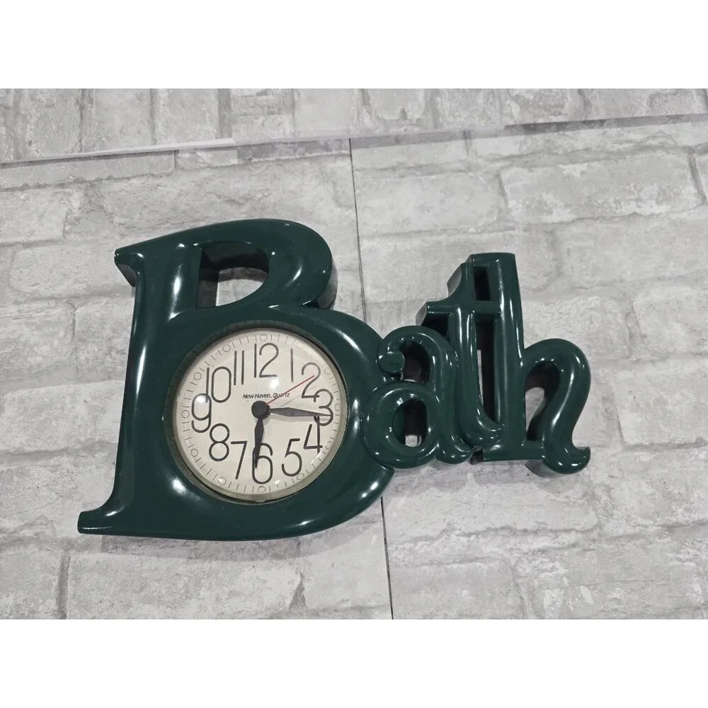 Vintage bathroom clock word clock green wall clock 80s Bath USA Tested Works MCM
